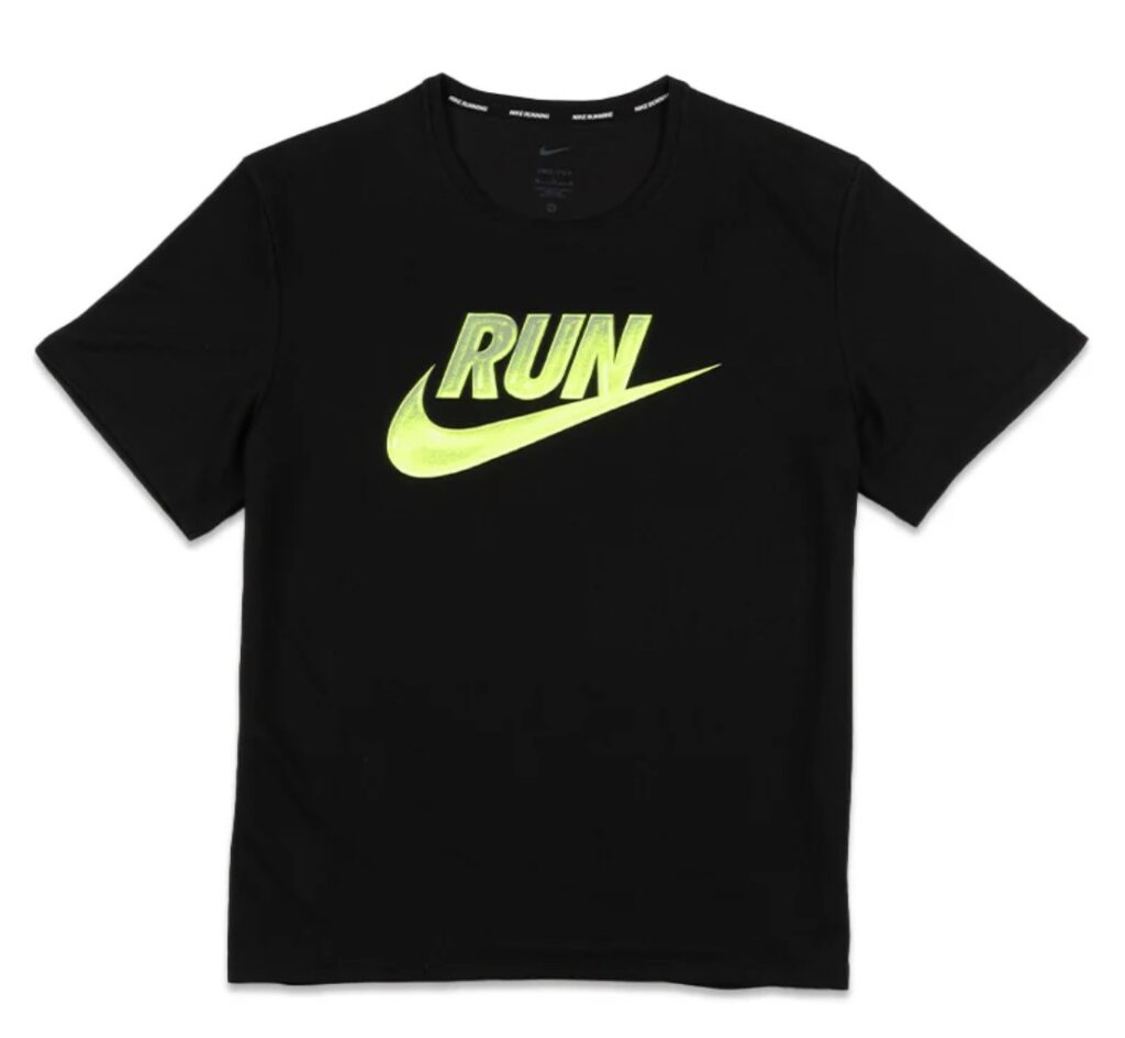 Front view of the Nike Miler Run Energy Dri-FIT Tee 'Black,' showcasing its minimalist design and lightweight, breathable fabric